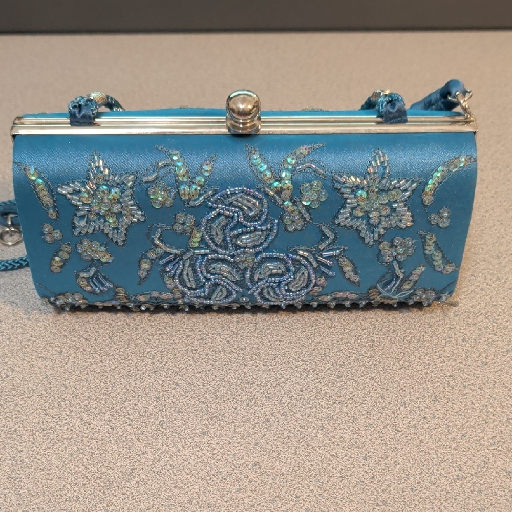 Vintage Preston & York Teal Blue Beaded Satin Clutch